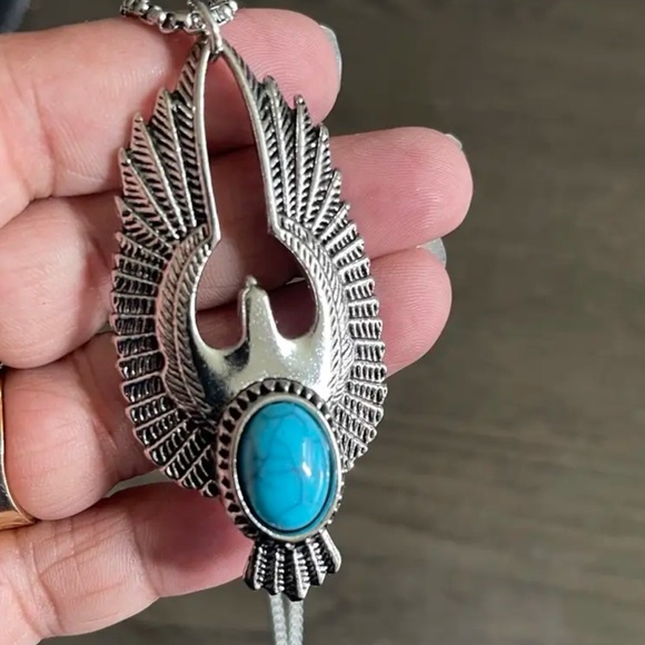 Tribal Eagle Wings Faux Turquoise Pendant Titanium Steel Southwestern Necklace - Picture 6 of 7